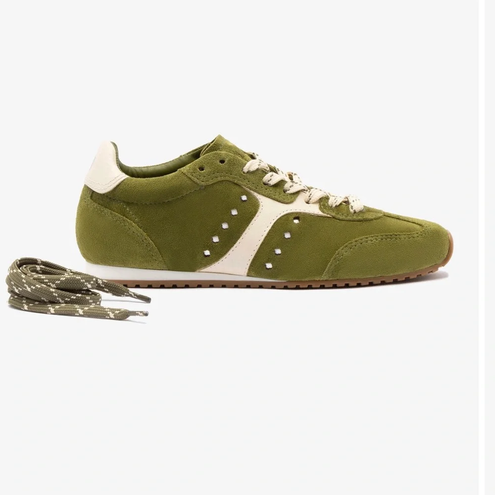 Larroude Stella Suede Sneakers in Seaweed Suede and Ivory Leather - Picture 4 of 11